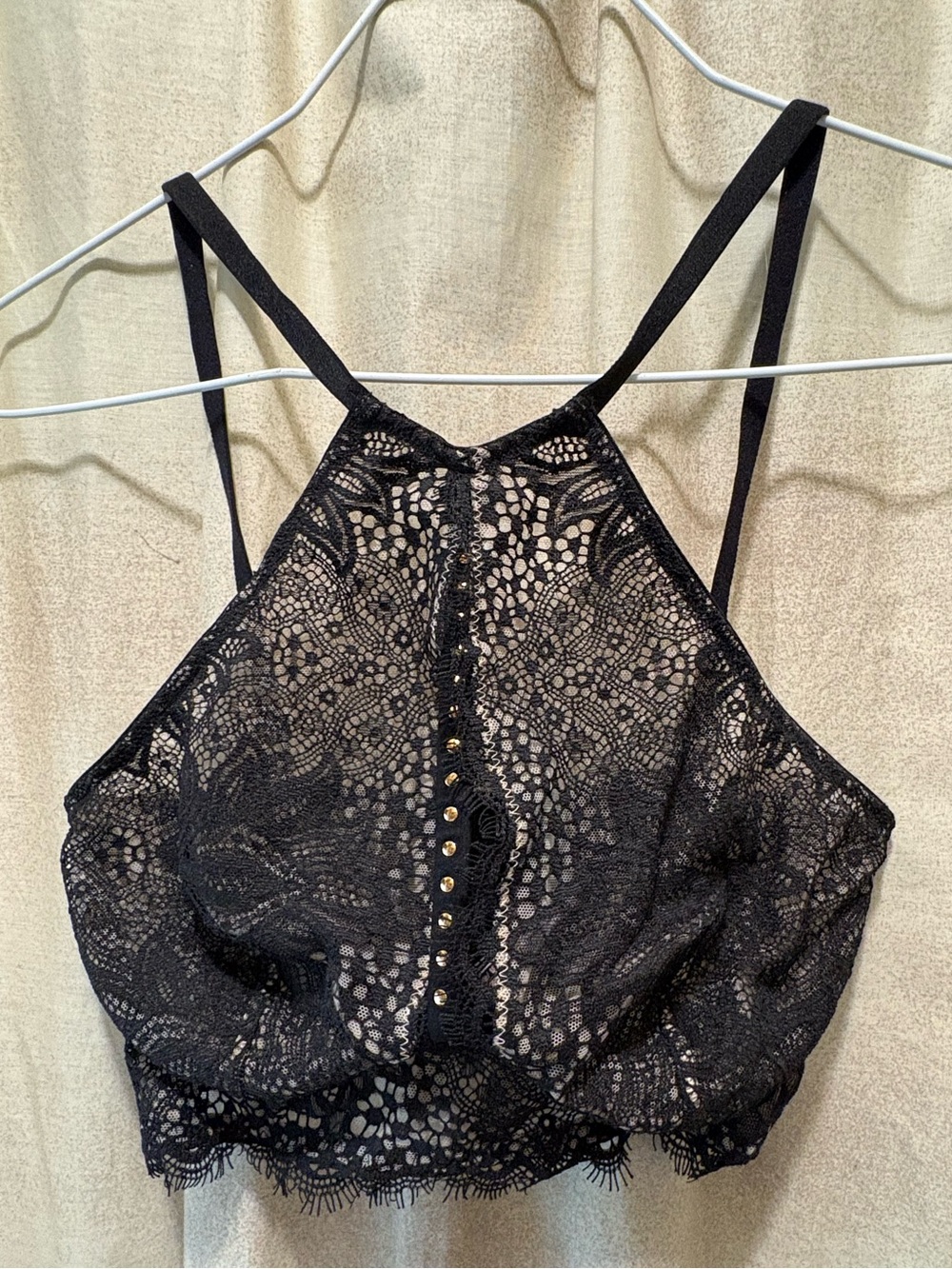 Victoria's Secret Black Lace High-Neck Bralette with Gold Accents
